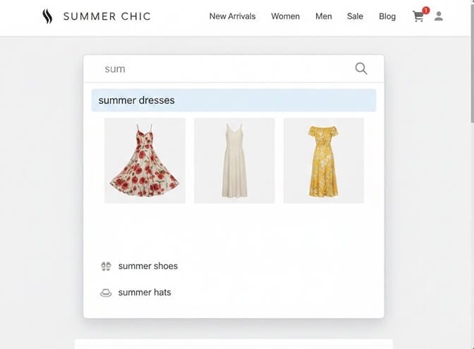 Screenshot showing autocomplete dropdown with product thumbnails appearing as customer types sum for summer dress