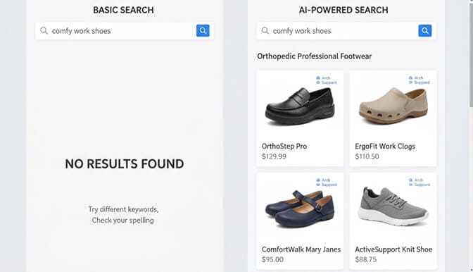 Side-by-side comparison showing basic search returning no results for comfy work shoes vs AI search returning orthopedic professional footwear options