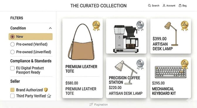 Multi-vendor marketplace results filtered to only brand-authorized sellers, with the seller relationship written to the same blockchain record as the product