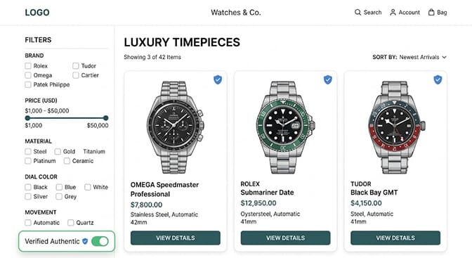 Luxury Timepieces collection grid with a Verified Authentic filter toggle on, each watch card carrying a blockchain verification badge that ties its digital identity to an immutable provenance record