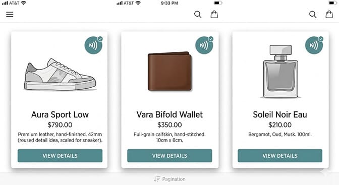 Search results grid where each product card carries a small NFC verification badge signaling a scannable chip or QR tag, building trust before the shopper clicks