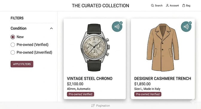 Curated collection filtered by Condition to Pre-owned Verified, showing a vintage steel chrono watch and a designer cashmere trench each tagged Pre-owned Verified with an NFC authentication badge
