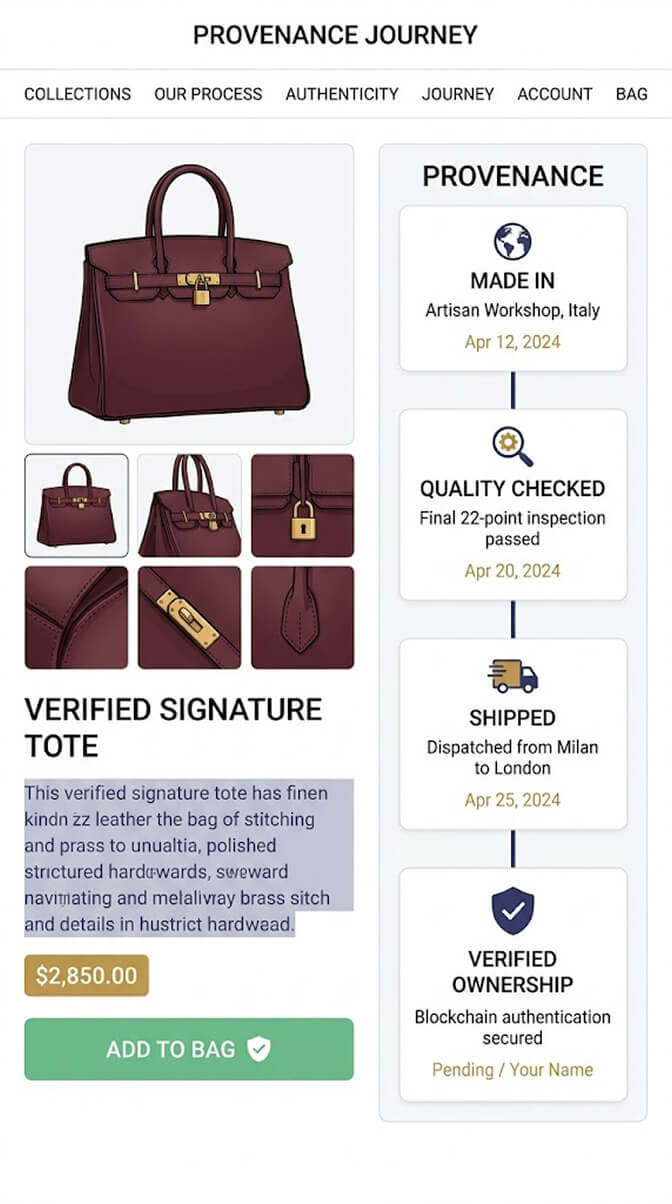 Product page Provenance tab showing a clean four step trail of where the item was made, when quality was checked, when it shipped, and whether ownership was recorded, with no blockchain hashes shown