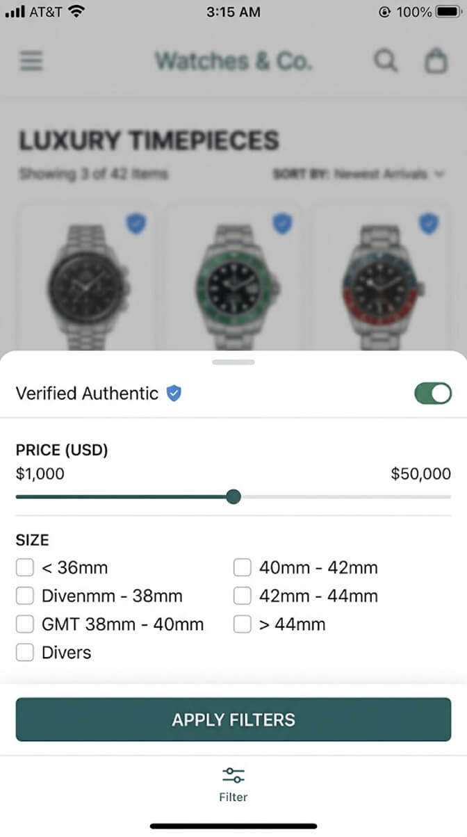 Shopify filter sidebar with a Verified Authentic toggle switched on directly beneath the brand and price filters, collapsing the catalog to only blockchain-verified products