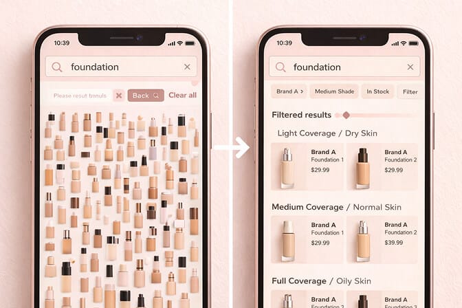 Before and after comparison of cluttered versus organized beauty product search results