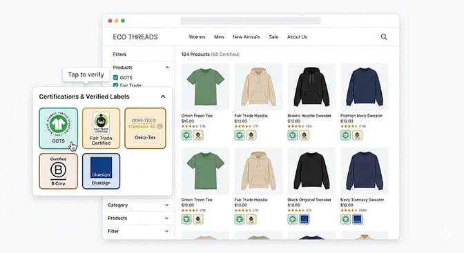 Shopify product card showing a small GOTS certification badge with a tap-to-verify icon that opens the certification body's database to confirm the certification ID with checkmarks indicating verified status