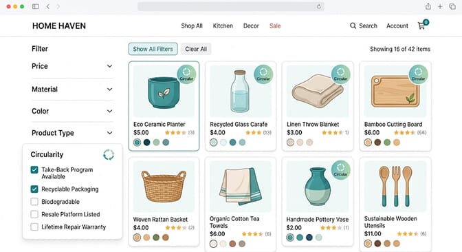 Shopify product page with a circularity panel below the price listing take-back program availability, packaging recyclability with standard recycling, product recyclability with curbside icon, and a repair and resale program link with small circular arrow icons