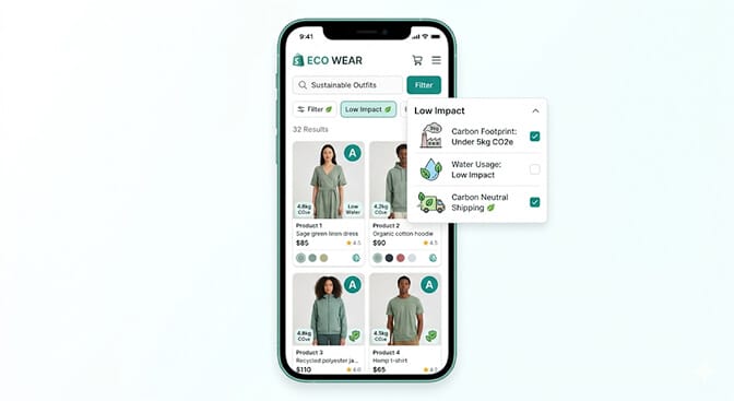 Shopify filter sidebar with an Environmental Footprint group containing a carbon footprint range slider from low to high impact bands, water usage rating, packaging type checkboxes for recycled, plastic-free, and compostable, and a carbon offset shipping toggle