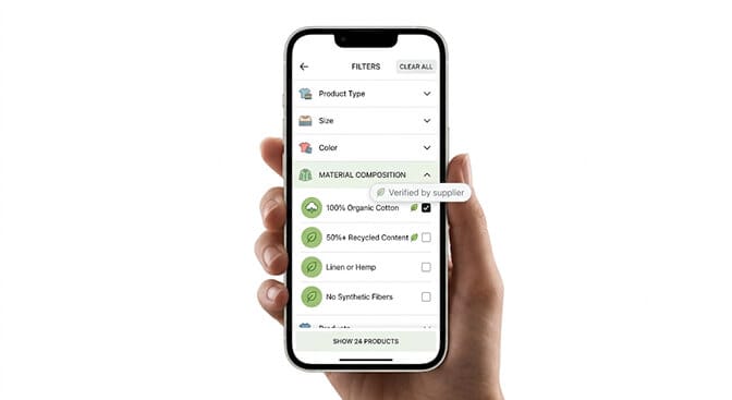 Shopify filter sidebar showing a Material Composition group with precise percentage options like 100 percent organic cotton, 50 percent recycled content, GOTS certified blend versus a generic Sustainable toggle marked as too vague for verification