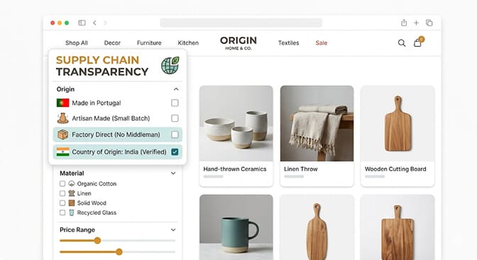 Shopify filter sidebar with an Origin and Traceability group showing options for country of manufacture, production method including artisan and small batch, and supplier verification status with small flag and factory icons next to each value