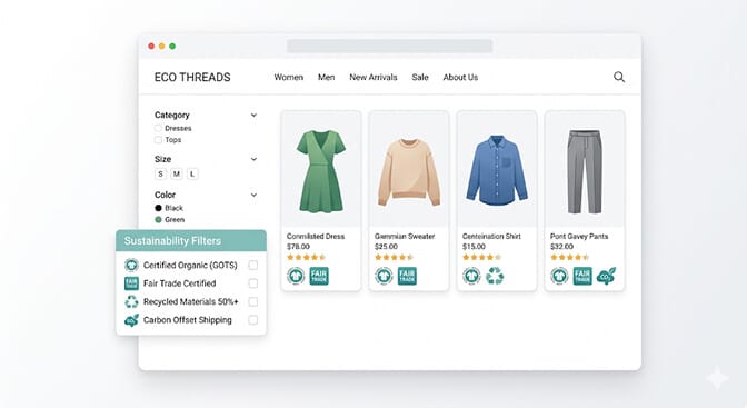 Side-by-side comparison of a Shopify product page on the left labeled vague claim showing only the words sustainably sourced versus the right side labeled verifiable transparency showing a structured Digital Product Passport panel with material composition percentages, certifications with tap-to-verify, country of origin, carbon footprint, and end-of-life options