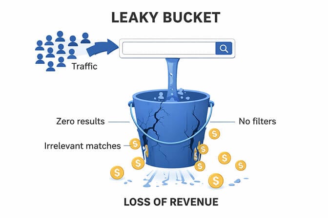 Simple diagram showing the leaky bucket effect - traffic flowing into a search bar, with revenue leaking out through cracks labeled zero results, irrelevant matches, and no filters
