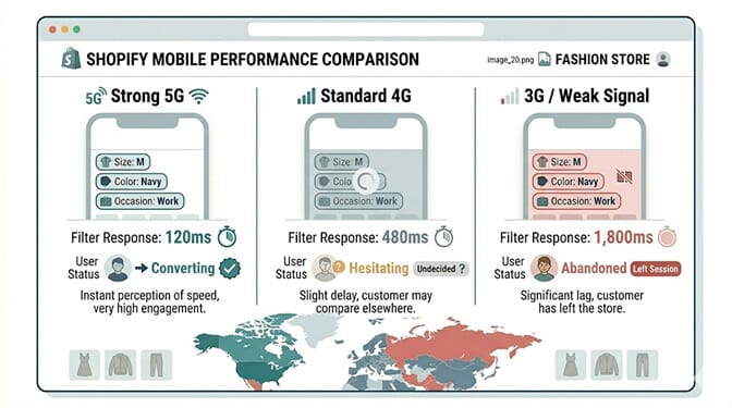 Shopify mobile performance comparison across 5G, 4G, and 3G connections