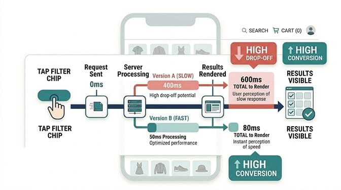 Time to First Filter Result diagram comparing slow and fast filter response times on mobile