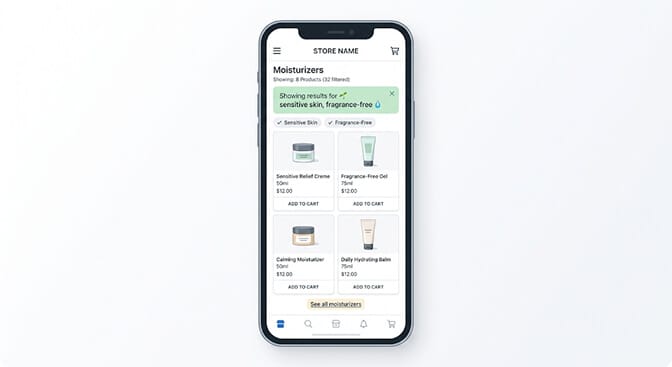 Two side-by-side mobile views of the same Shopify moisturizers collection page with the left view showing the generic all 32 products grid for an anonymous visitor and the right view showing a personalized 12 product grid for a returning quiz-completer with sensitive skin and fragrance-free preferences