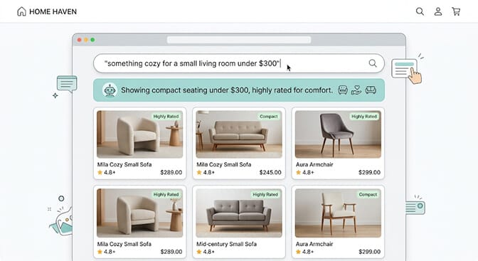 Shopify search results page with a natural language query something cozy for a small living room under three hundred dollars being parsed into structured intent tags compact size, comfort-focused, price limit, furniture category and returning matching loveseats and armchairs