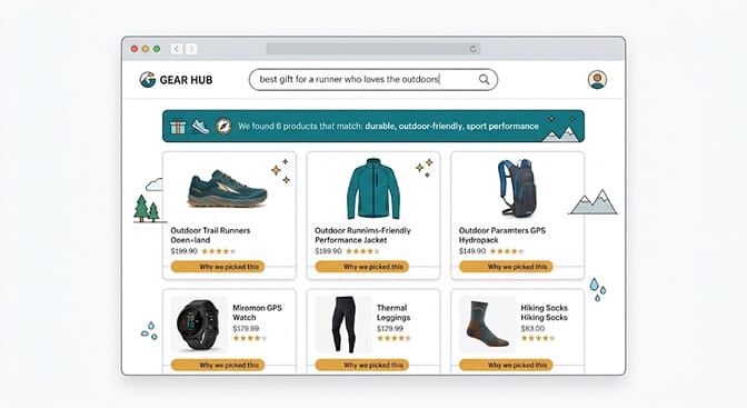 Shopify search results page for best running shoe for wide feet showing each product card annotated with attribute callouts wide toe box, EE width available, stability rated and a brief summary at the top explaining why the results match the query