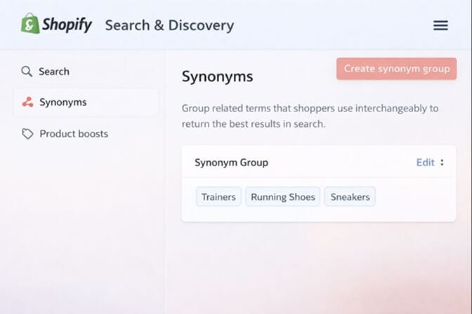 Screenshot of Shopify Search & Discovery app dashboard showing synonym group configuration