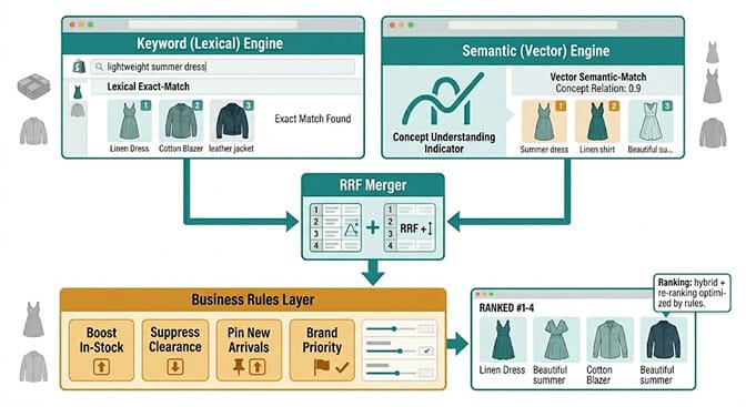 Hybrid search architecture diagram showing keyword (lexical) engine and semantic (vector) engine merged with Reciprocal Rank Fusion plus a business rules layer