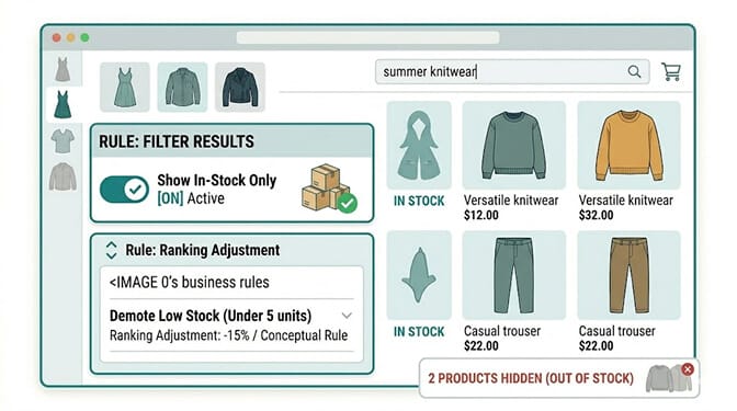 Inventory-state filtering UI showing how rules remove sold-out items and adjust stock-aware ranking