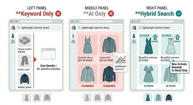 Three-panel comparison showing keyword-only, AI-only, and hybrid search results for the query "lightweight summer dress"