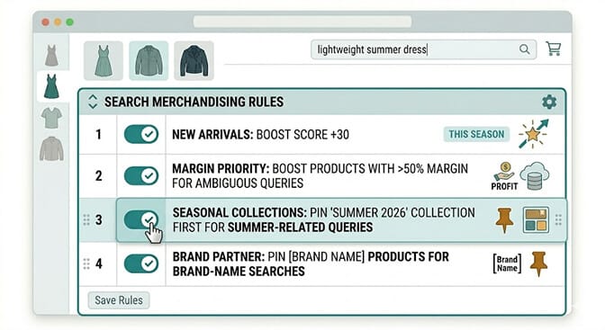 Search merchandising rules UI showing new arrival boosts, high-margin priority, seasonal collection pins and brand-name match rules
