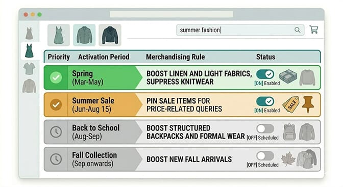 Seasonal and temporal rule table with Spring, Summer Sale, Back to School, and Fall Collection activation periods and boost rules