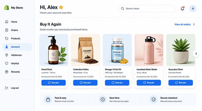 WellNest "Time to restock" interface showing buy-it-again products with low-stock badges and reorder buttons