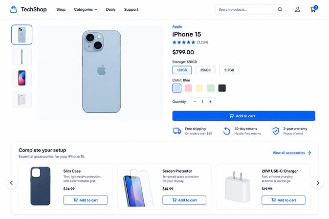 TechRise iPhone 15 product page with "Complete the look" accessory suggestions showing related cases and chargers
