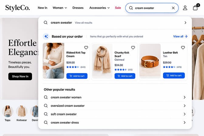 StyleCo "Effortlessly Elegant" personalized search results biased toward items that complement a previous purchase