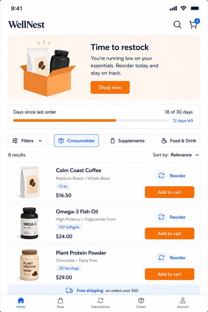 Personalized returning-customer home screen with "Hi Alex" greeting and Buy It Again grid sorted by replenishment timing
