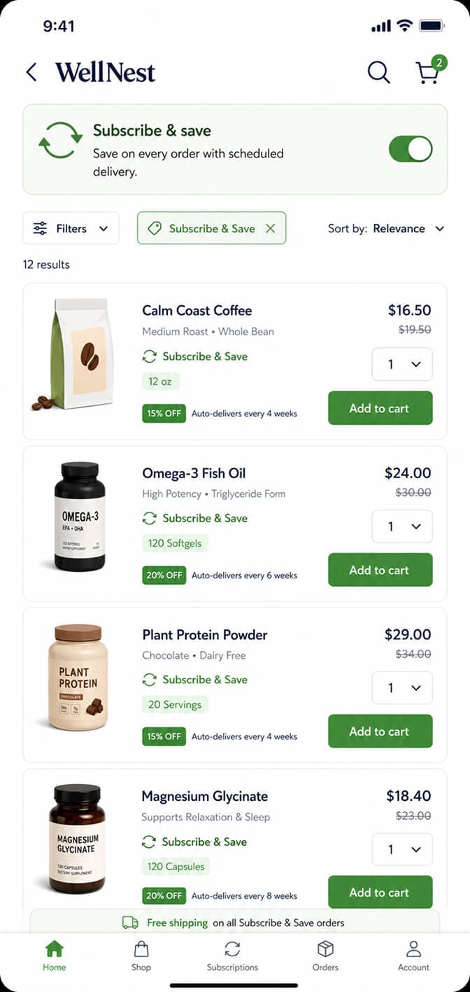 WellNest product page with "Subscribe & save" toggle highlighting recurring-delivery options and savings
