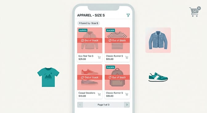 Side-by-side diagram comparing a stale cached filter index labeled snapshot from 3pm with out-of-stock sizes still shown as selectable next to a real-time live inventory filter at 11pm showing the same sizes correctly hidden or marked low stock