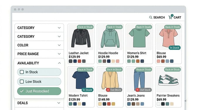 Shopify collection page with a Just Restocked filter chip toggled on showing product cards labeled Back in Stock with a small refresh icon and a Restocked 2 days ago timestamp, surfacing only items that returned from zero inventory in the last seven days