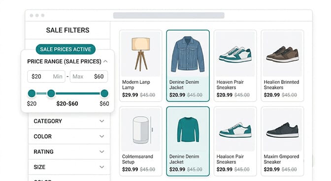 Shopify price range slider showing two states side by side, the base-price filter on the left missing a $53 sale product because it reads $89 while the sale-aware filter on the right correctly includes the same product under the under-$60 range with an On Sale toggle highlighted