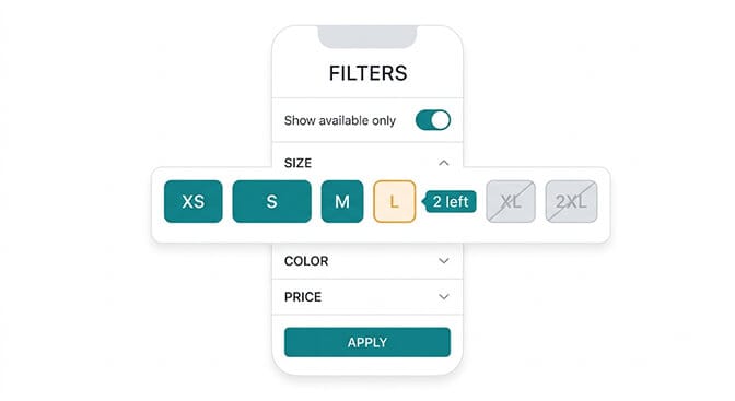 Shopify filter sidebar showing a Size group with XS and S marked available, M marked 2 left in red, L grayed out and disabled, and XL hidden entirely because no products in the collection have it in stock