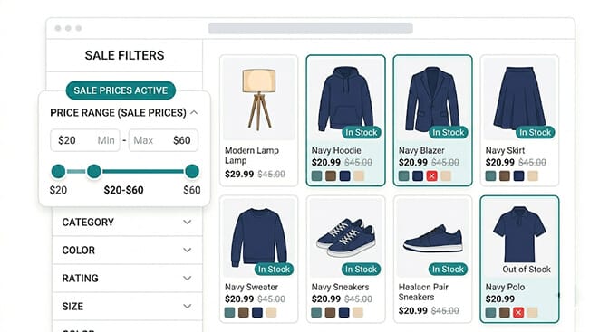Shopify collection grid filtered by Color Navy showing four product cards where each card displays color swatches with the Navy swatch either highlighted as in stock or visually grayed out when the Navy variant specifically is sold out even though other colors are available