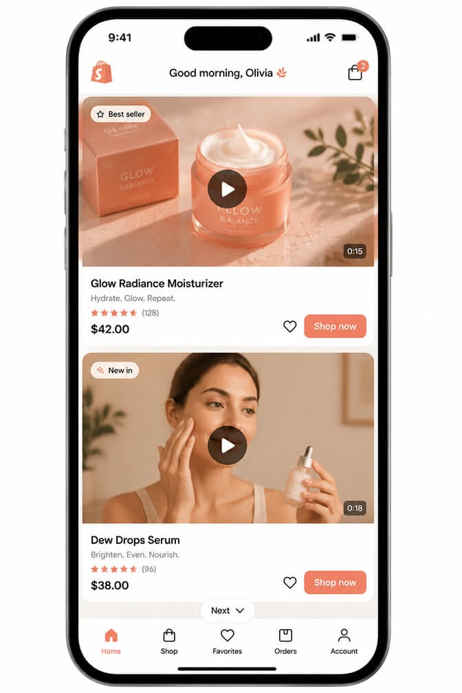 Shopify mobile homepage organized as an infinite TikTok-style vertical scroll feed with each product card occupying half the screen with a video preview and a next indicator at the bottom