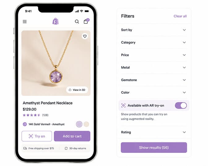 Shopify product card on mobile with a Try on button and AR icon next to the add-to-cart button alongside a filter sidebar with an Available with AR try-on toggle highlighted