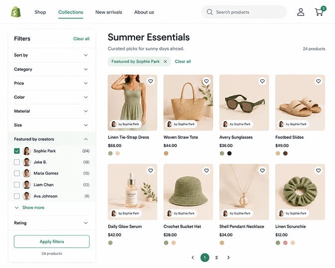 Shopify collection page filter sidebar with a Featured by creators group expanded showing checkboxes for individual creators with profile avatars and a product grid with creator badges