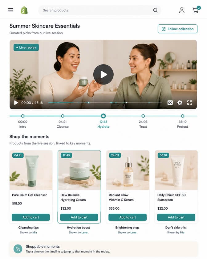 Shopify product collection page with a livestream replay banner at the top and product cards below tied to specific timestamps in the replay