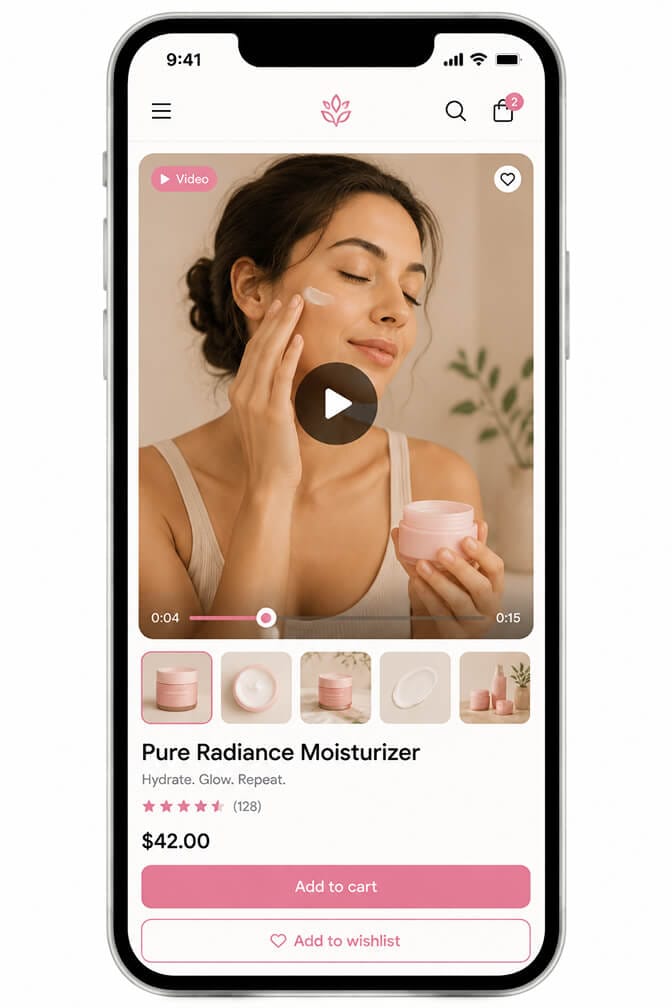 Shopify product page on mobile with a vertical video player as the main gallery and a small static photo thumbnail row below with a play button overlay
