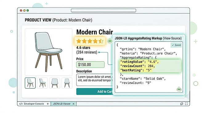 Side by side view of a product page with star ratings visible to humans and a JSON-LD block highlighting ratingValue, reviewCount, and bestRating fields readable by AI agents
