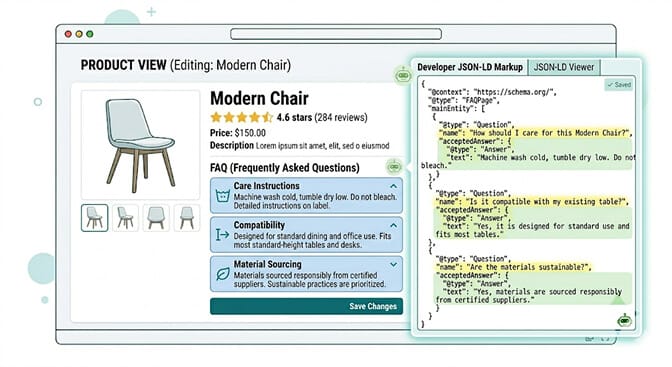 Shopify product page with an FAQ section listing structured questions and answers about care instructions, compatibility, material sourcing, and sizing accuracy with a JSON-LD FAQPage schema badge in the corner