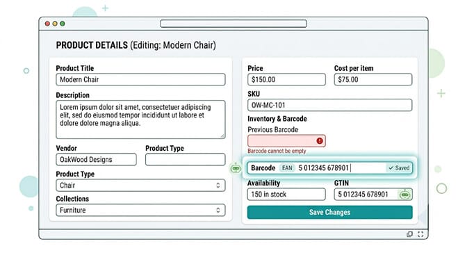 Shopify product admin page with the Barcode field highlighted showing a GTIN value being entered with a checkmark indicating verified identifier status