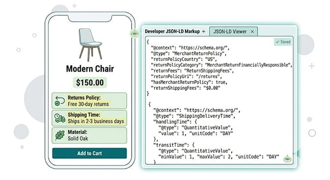 Diagram showing a Shopify product page with MerchantReturnPolicy and ShippingDeliveryTime schema blocks rendered as structured fields including return window, return fee, and standard shipping timeframe