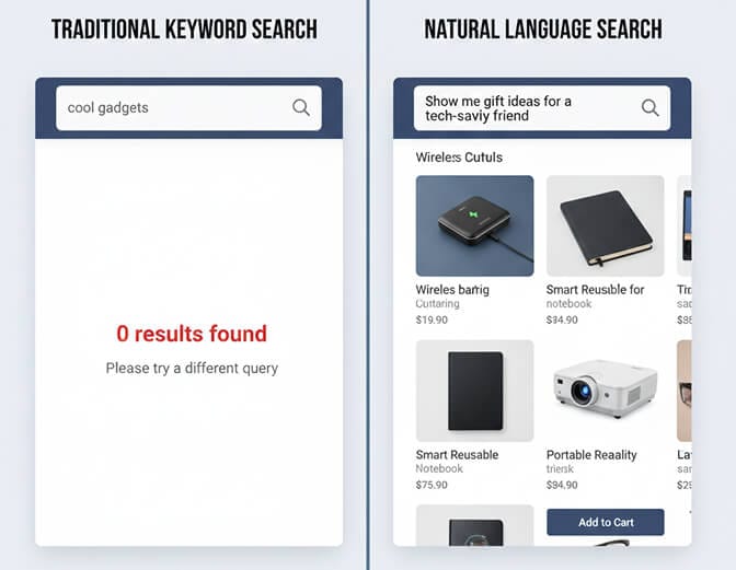 Comparison showing traditional search results versus natural language search results for conversational queries