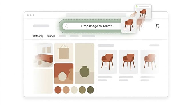 Desktop browser with a Pinterest image being dragged from one tab and dropped onto a Shopify search bar that lights up to accept the drop and run a visual match