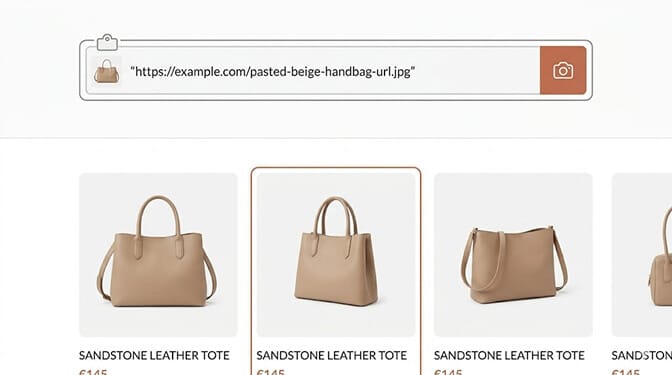 Shopify search bar with a small camera icon where a shopper has pasted a Pinterest image URL, returning visually matched products from the catalog without typing any keywords