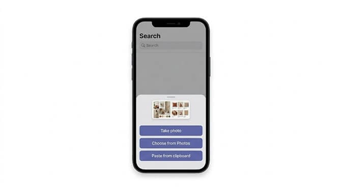 Mobile native upload sheet over a Shopify search bar offering take a photo, choose from photos, and paste from clipboard, with a shopper selecting a saved Pinterest screenshot